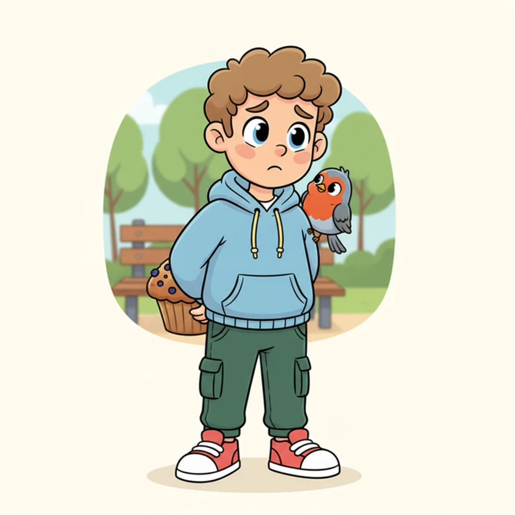 His best friend, Pip the robin, landed on his shoulder, tilting its head. "What's wrong, Gus?" chirped Pip, noticing Gus's slumped shoulders and hidden muffin. Gus whispered his secret: he wanted to ask Lily to share the muffin, but he was too nervous.