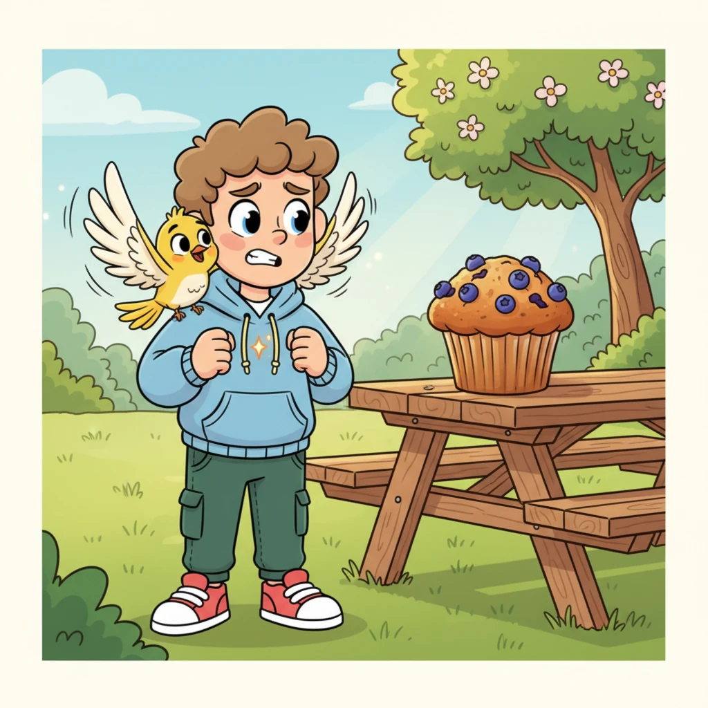 Pip puffed out its tiny chest. "Being brave means feeling scared and doing it anyway!" Pip chirped encouragingly, flapping its wings. "Just imagine how happy Lily would be to share your amazing muffin!" Gus felt a tiny spark of determination.