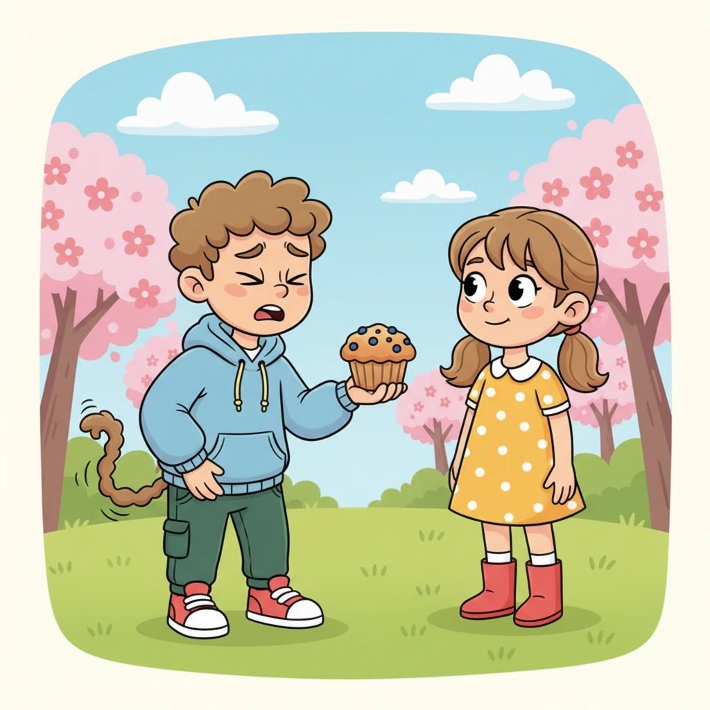With a shaky voice, Gus held out the muffin. "H-hi, Lily!" he squeaked, his tail still twitching nervously. "I... I baked this blueberry muffin, and I was wondering... would you like to share it with me?" He closed his eyes, bracing for her answer.