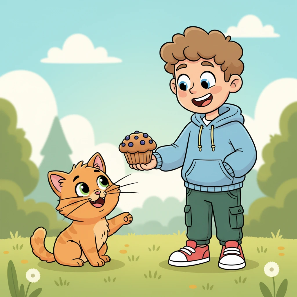 Lily's face lit up with a wide, joyful smile, her whiskers wiggling. "Oh, Gus, that's so sweet of you!" she exclaimed, her eyes sparkling. "I would absolutely love to share your delicious muffin!" Gus's heart soared with relief and happiness.