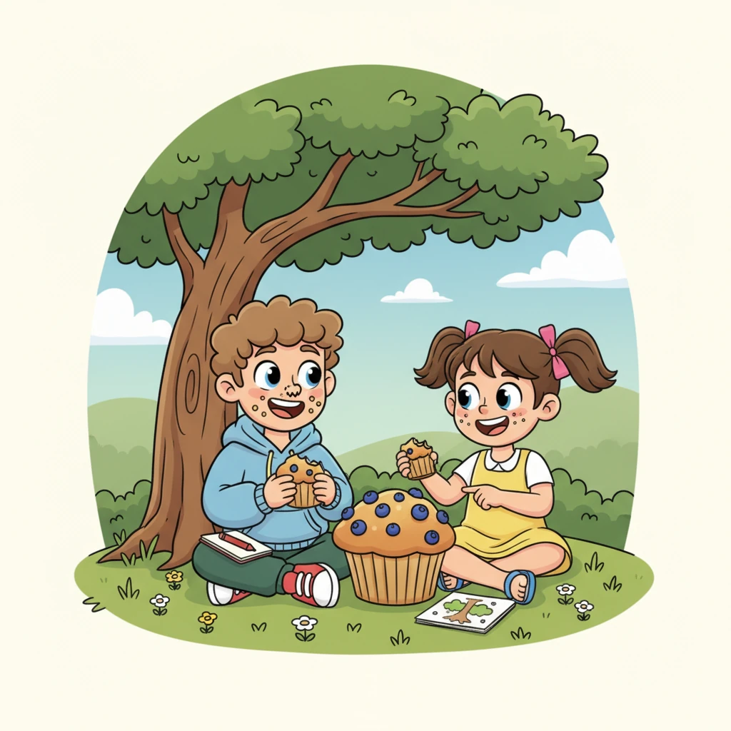 Gus and Lily sat together under the oak tree, happily munching on the giant blueberry muffin, crumbs dusting their noses. They laughed and chatted, sharing stories and even a little drawing. Gus realized that being brave was definitely worth it, especially when it led to such a sweet moment.
