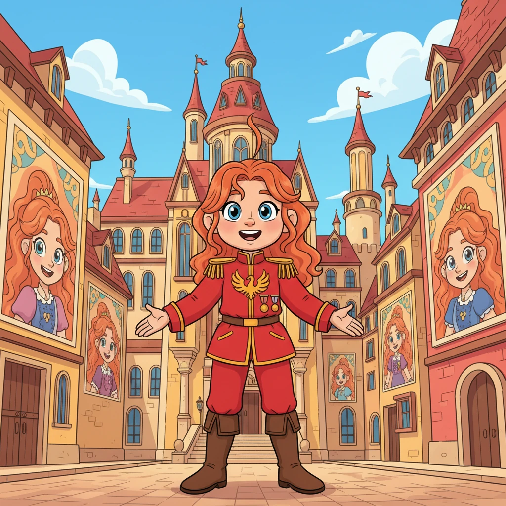 Princess Ignis, with her fiery red uniform adorned with phoenix emblems and gleaming medals, stands proudly before a grand palace. Giant, cheerful propaganda posters of her and her mother, Queen Reina Pyra, smile down from every building, their bold, clean outlines catching the vibrant sunlight. Her expressive face shows a hint of regal confidence mixed with youthful curiosity.