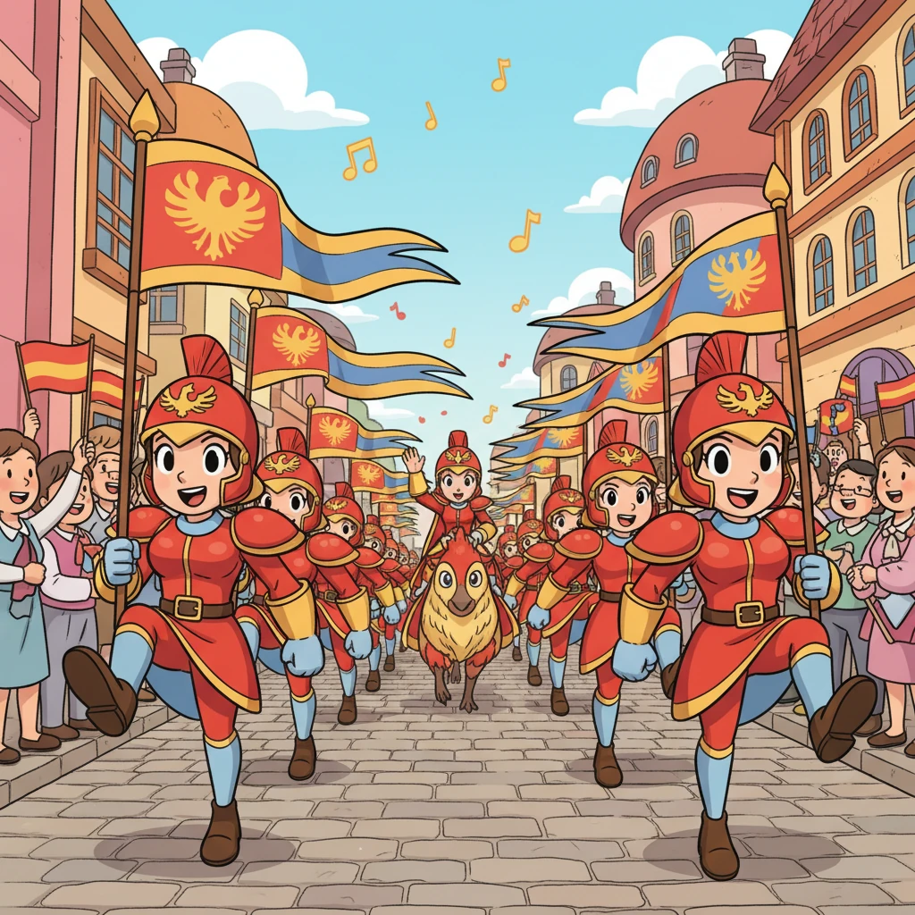 A magnificent parade of the Red Kingdom's all-female army marches with perfect synchronization, their phoenix-crested helmets glinting. Their dynamic poses and exaggerated proportions give a sense of unstoppable power, as bright banners flutter in the cheerful breeze. The air is filled with lively music and the joyful cheers of the citizens.