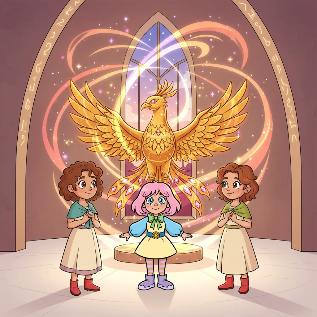 In a sacred, glowing chamber, the Phoenix Ritual unfolds, a wondrous spectacle of light and magic. Radiant energy swirls around a magnificent phoenix statue, symbolizing the miraculous birth of new life in the Red Kingdom. Smiling women watch in awe, their faces full of hope and reverence.