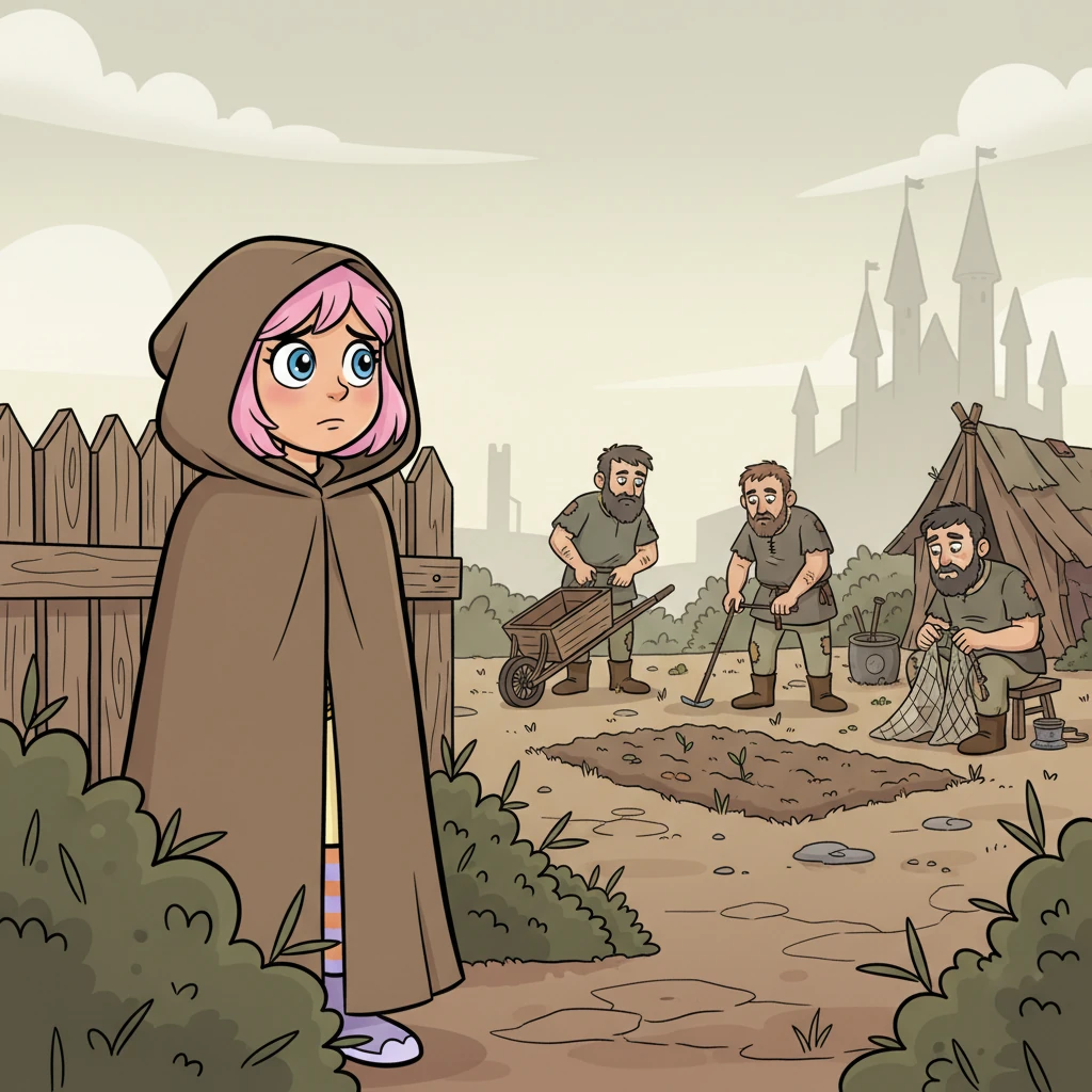 Disguised in a simple cloak, Ignis ventures to the outskirts of the city, observing the few, often struggling, men who live there. Their simplified features show a mix of weariness and quiet resilience, a stark contrast to the grandeur of her kingdom. She watches from a distance, her heart a little heavy with questions.