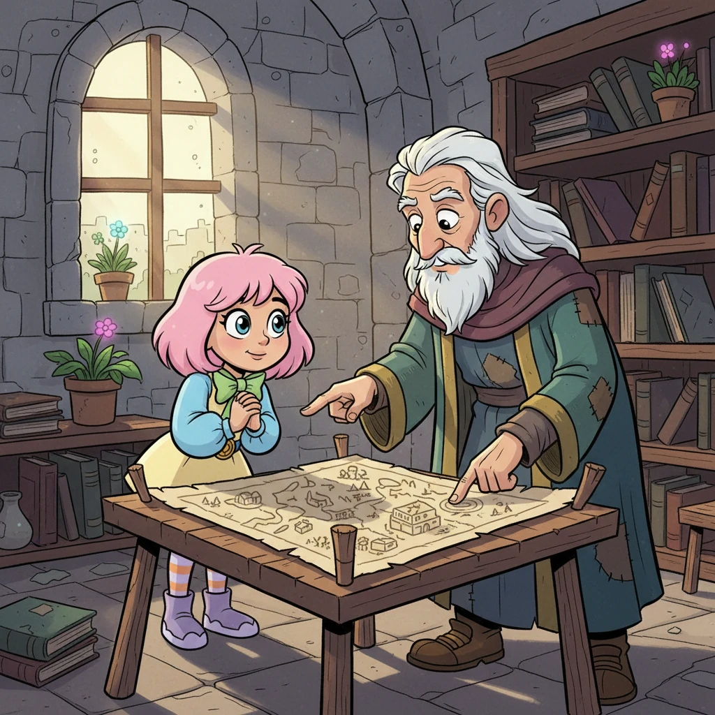 Deep within a forgotten part of the city, Ignis secretly meets an elderly man, a descendant of the "ancient rich" whose lineage holds forbidden knowledge. He gestures towards a faded map, his expressive eyes hinting at secrets long buried by the Queen. The air is thick with mystery and ancient whispers.