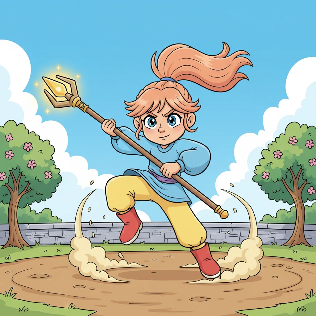 On a training ground, Ignis demonstrates her exceptional combat skills, her movements fluid and powerful as she practices with a ceremonial staff. Her uniform is slightly disheveled, but her determined expression and dynamic pose show her unwavering commitment to her kingdom's strength. Playful dust clouds rise with each swift motion.