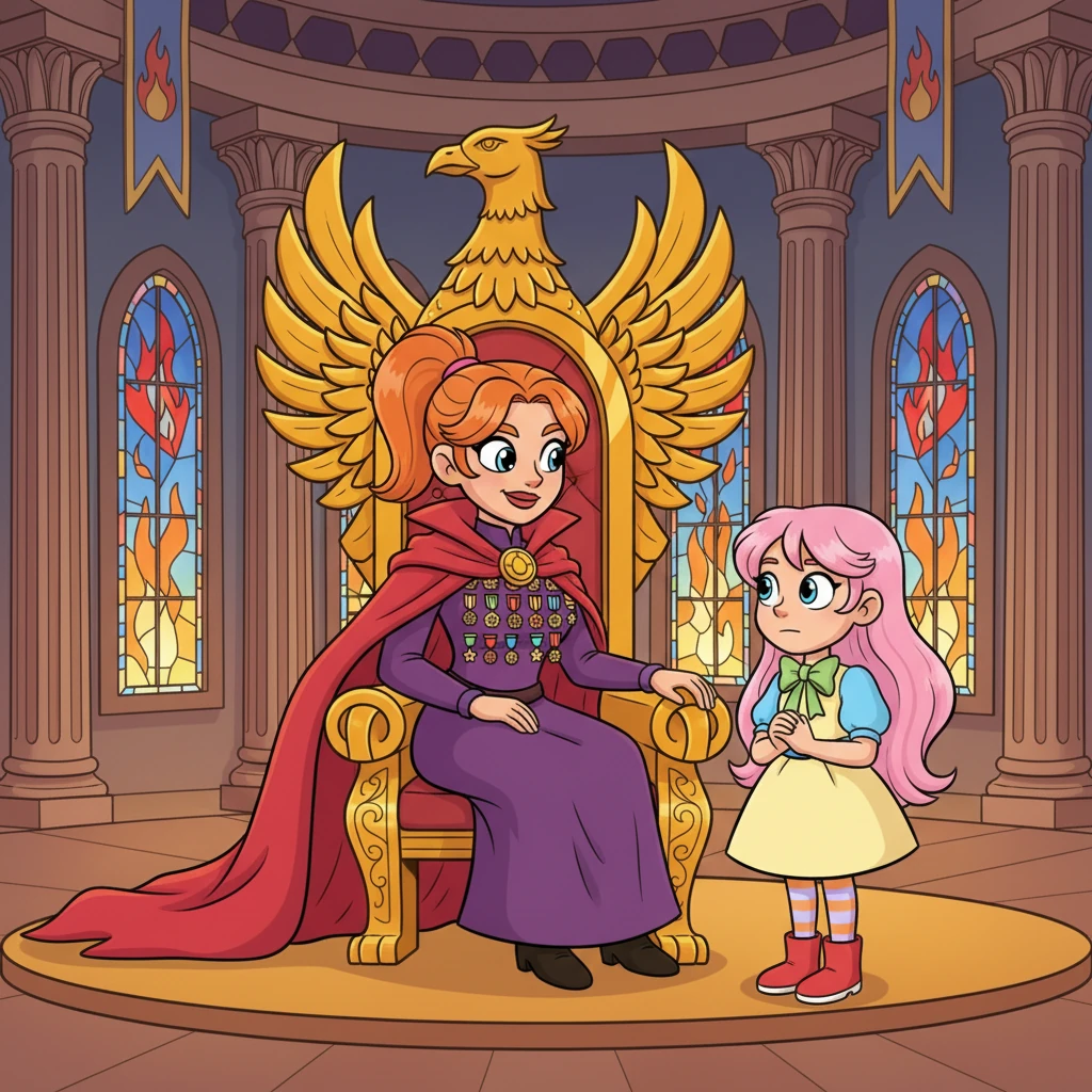 In the throne room, Queen Reina Pyra, cloaked in a magnificent phoenix cape and adorned with countless medals, sits on her imposing throne. Her bold, confident expression matches Ignis's own determined gaze during a tense, yet respectful, conversation. The vibrant colors of the room reflect their powerful personalities.