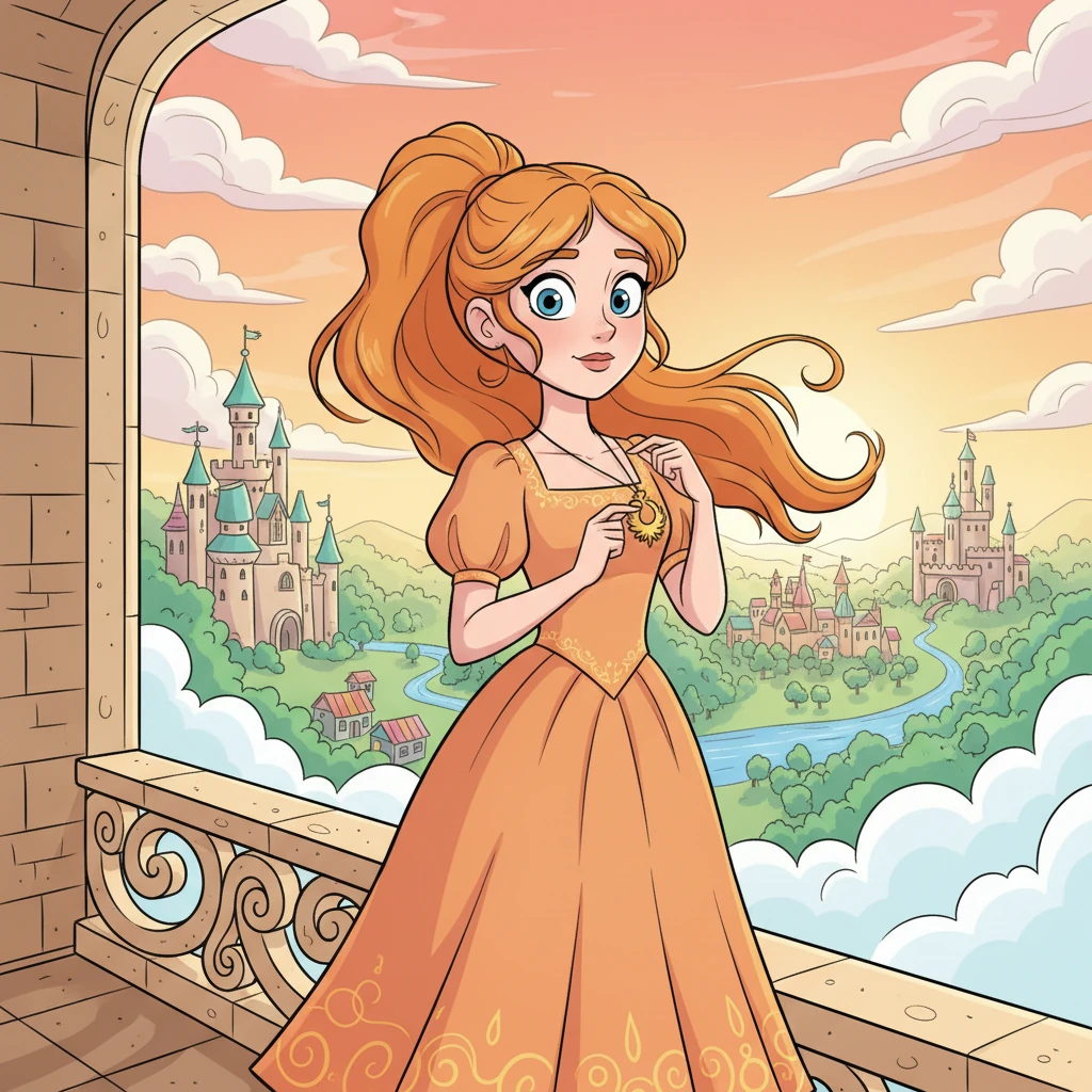 Standing on a high balcony overlooking her vibrant kingdom, Ignis thoughtfully touches a small, phoenix-shaped pendant, a symbol of her heritage and newfound understanding. Her expressive face shows a quiet resolve, ready to embrace her destiny and perhaps forge a new path for her people, guided by both strength and compassion.