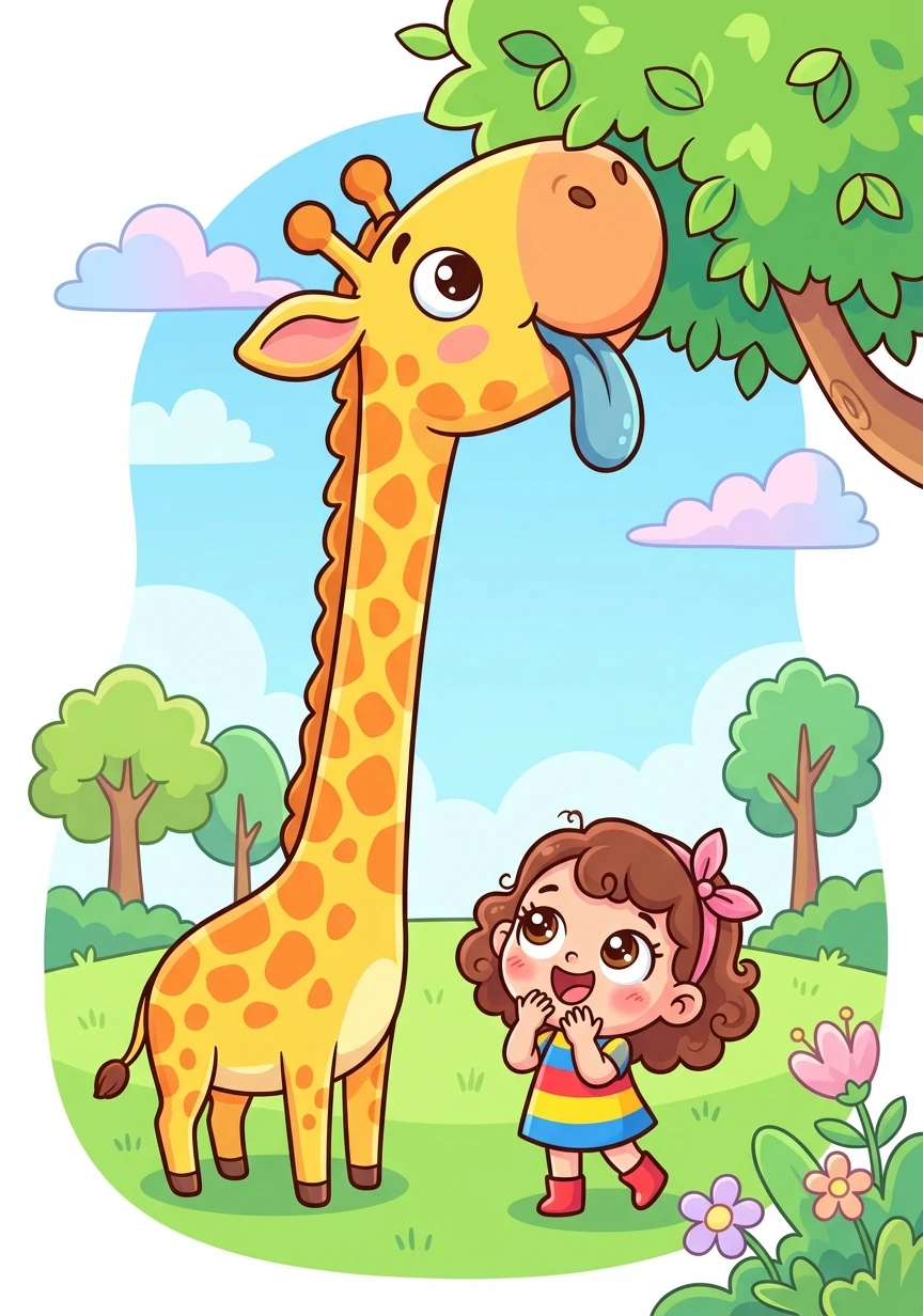 First, they saw a giant giraffe! It stretched its incredibly long neck high into the air, reaching for the tastiest leaves. It even stuck out a long, blue tongue, making Lily giggle.
