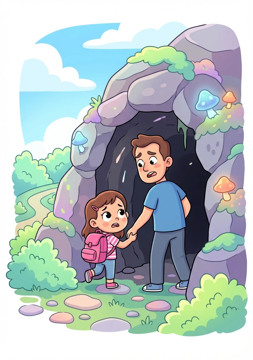 Then, they discovered a cave! But it wasn't just any cave; it was a spooky, dark cave. Lily tiptoed inside, holding her dad's hand tightly.