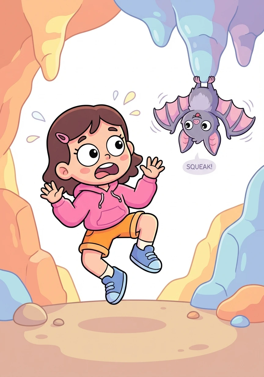 Suddenly, a creepy sound echoed through the cave! Lily jumped, but then she saw it was just a bat hanging upside down, flapping its wings gently.