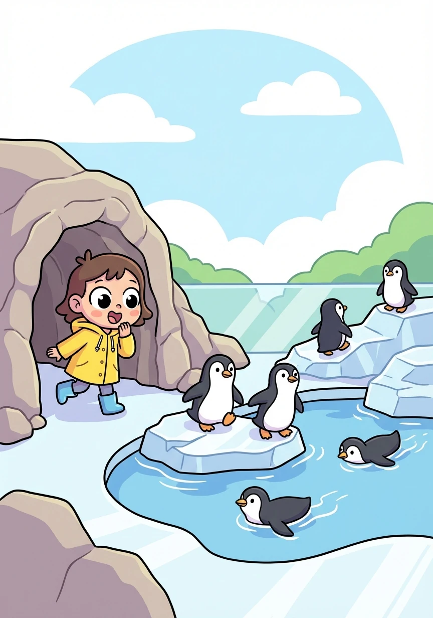 Emerging from the cave, they found themselves near the penguin exhibit. The penguins waddled and swam, looking very smart in their black and white suits.