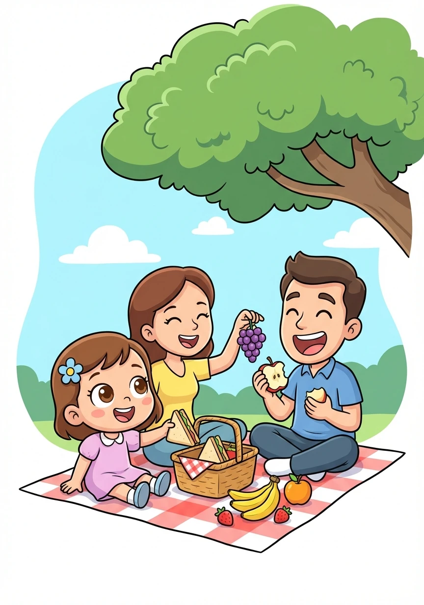 Feeling hungry, Lily and her family stopped for lunch. They ate sandwiches and fruit, enjoying a picnic under the shade of a large, leafy tree.