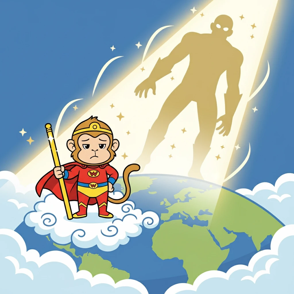 From the clouds of the Celestial Realm, Sun Wukong, the Monkey King, surveyed the Earth. He was bored, seeking a worthy opponent. Suddenly, a blinding light descended, and a giant figure materialized before him.