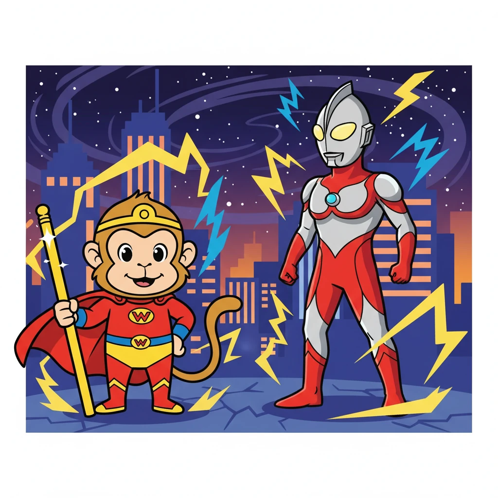 Ultraman, the protector of Earth, stood tall, his eyes glowing with determination. He had sensed a disturbance in the cosmic balance and prepared for battle. The air crackled with energy as they faced each other.