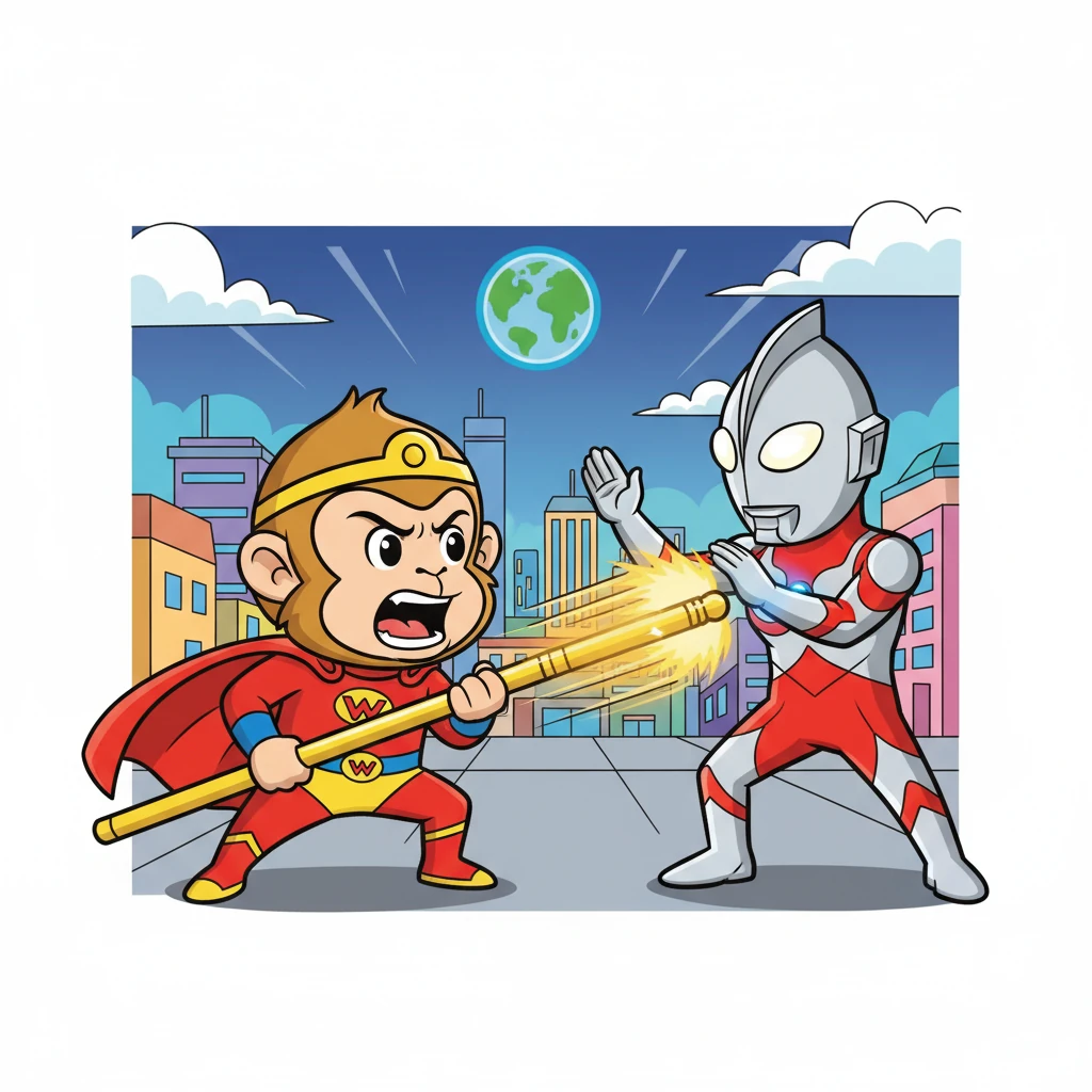 Sun Wukong, with his golden staff in hand, let out a mighty roar. He charged forward, his staff a blur of motion, aiming to test Ultraman's strength. Ultraman stood his ground, ready to defend his planet.
