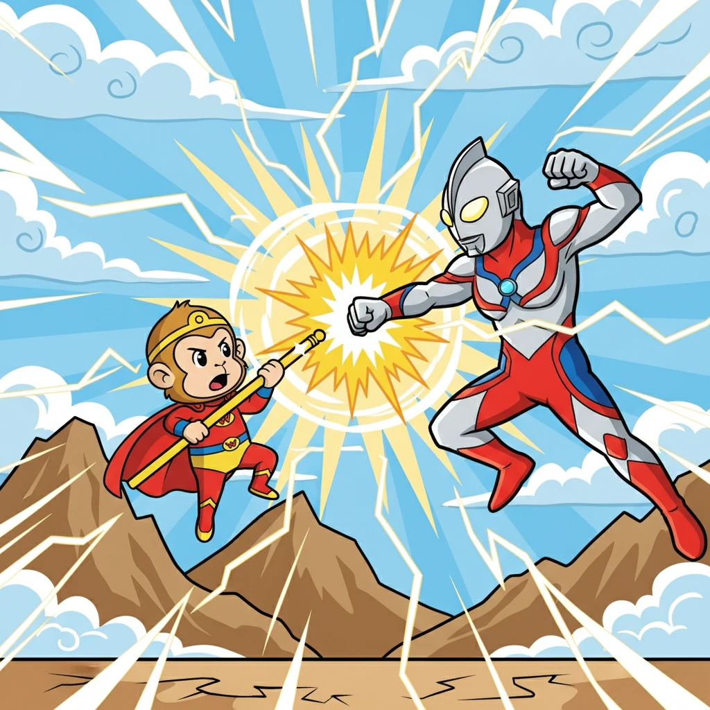The first clash sent shockwaves across the landscape. Sun Wukong’s staff met Ultraman’s powerful fists. They traded blows, their strength and speed unmatched. The battle was fierce and unrelenting.