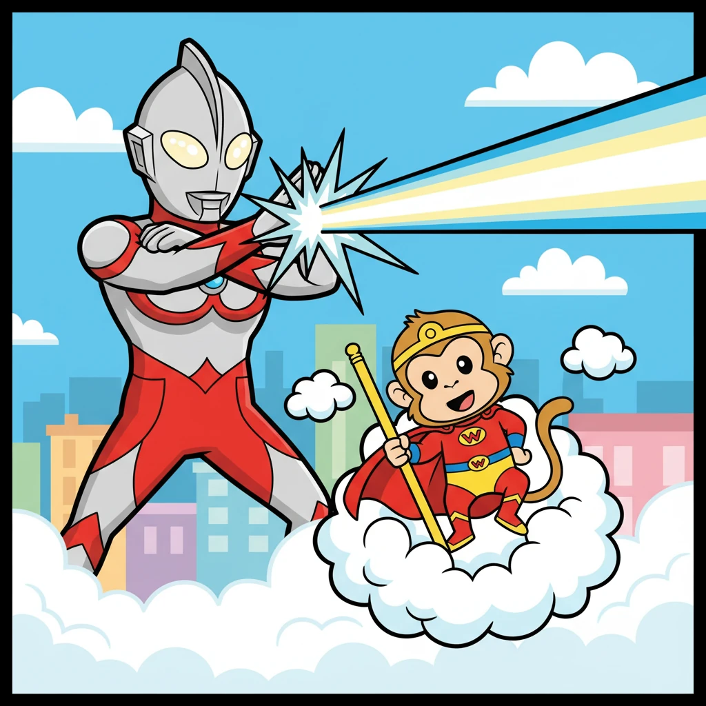 Ultraman unleashed his Specium Ray, a beam of pure energy. Sun Wukong, agile as ever, dodged the attack, leaping and bounding through the air. He countered with his signature Cloud Somersault.