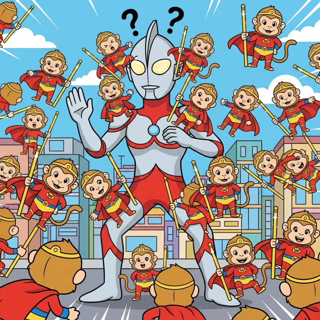 Sun Wukong summoned his clones, a legion of mischievous monkeys, to confuse Ultraman. The clones swarmed, distracting the giant hero. Ultraman struggled to keep track of the rapidly multiplying adversaries.