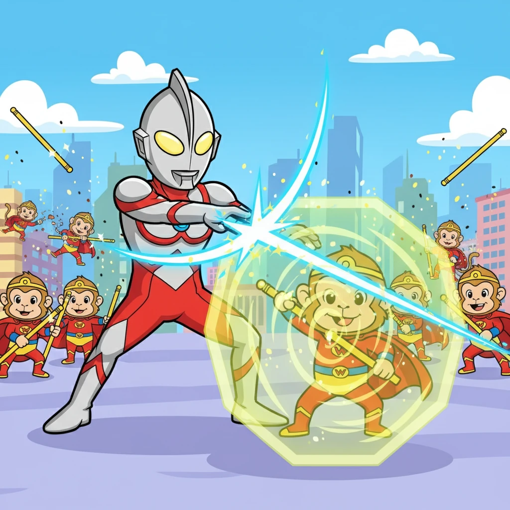 Ultraman, with a surge of power, unleashed a powerful Ultra Slash, cutting through the clones. He then used his Ultra Barrier to deflect the Monkey King’s attacks. The battle was at a stalemate.
