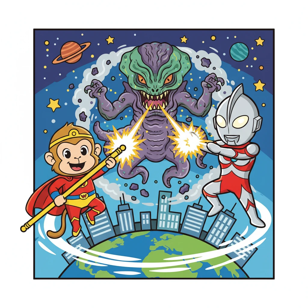 Sun Wukong and Ultraman joined forces, combining their powers to defeat a common threat – a monstrous space creature that threatened both Earth and the Celestial Realm. They worked together, side by side.