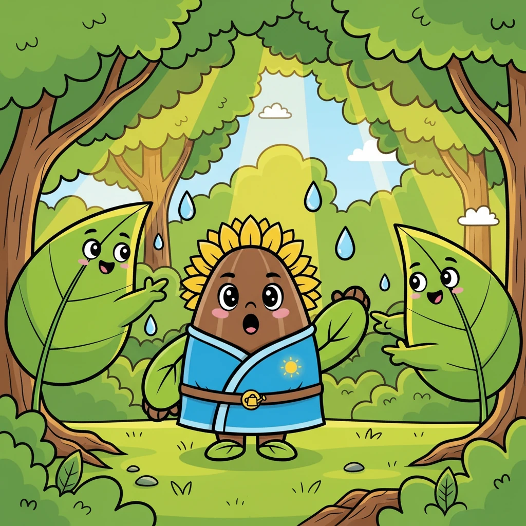 Biji Matahari mulai mencari jawabannya dengan bertanya pada daun-daun hijau yang rindang. Daun-daun itu menjelaskan bahwa mereka menggunakan cahaya matahari, air, dan udara untuk membuat makanan mereka sendiri. Biji Matahari sangat terkejut!