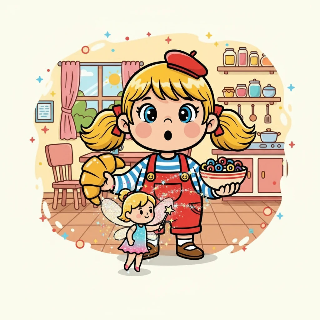 Soudain, une petite fée apparut devant elle, scintillante de mille couleurs. Elle expliqua à Victoria qu'elle avait le pouvoir de rendre le petit-déjeuner amusant et délicieux. Victoria, surprise, écouta attentivement.