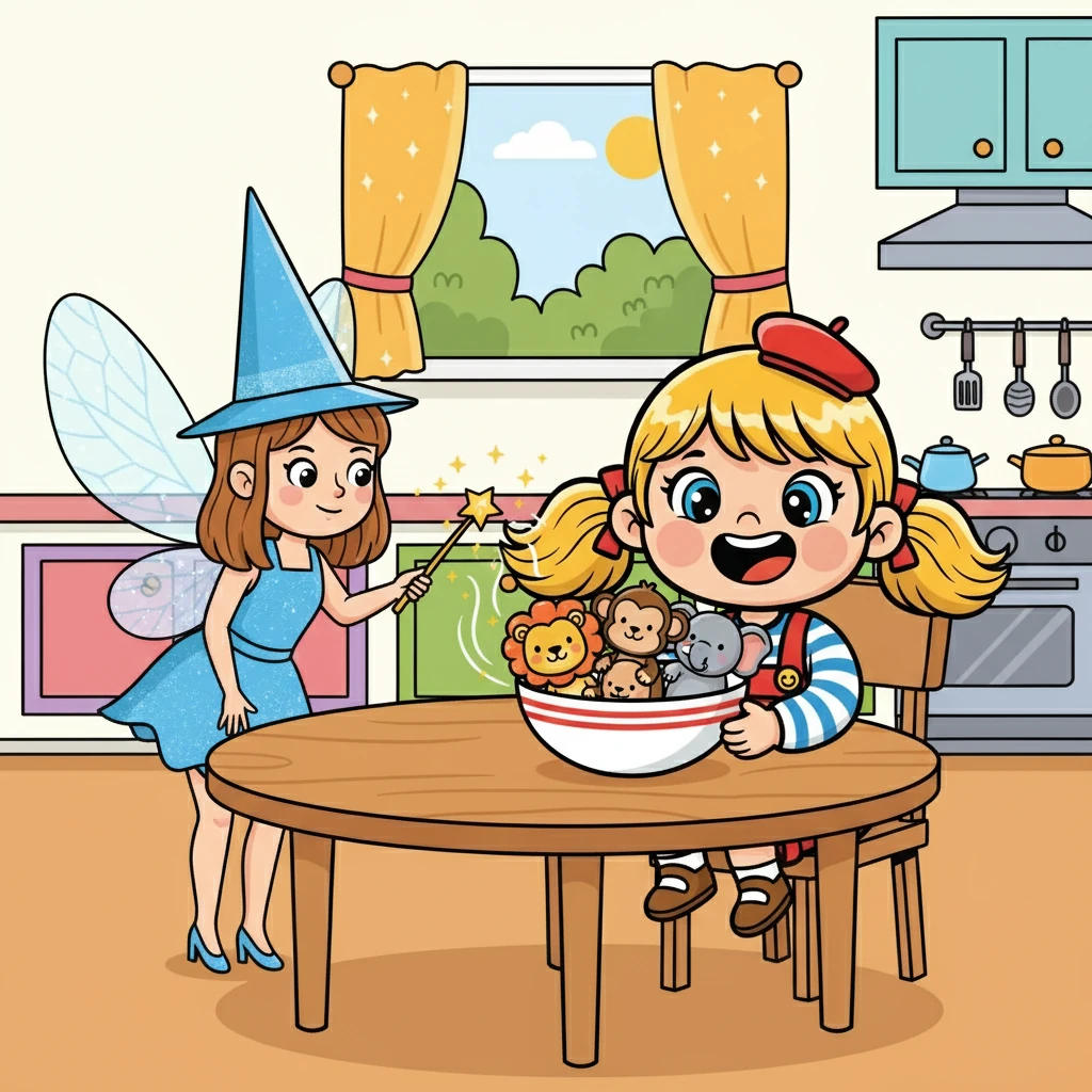 La fée agita sa baguette magique et, comme par enchantement, les céréales se transformèrent en petits animaux rigolos. Des lions, des singes, et des éléphants se trouvaient dans le bol de Victoria. Elle sourit, émerveillée.