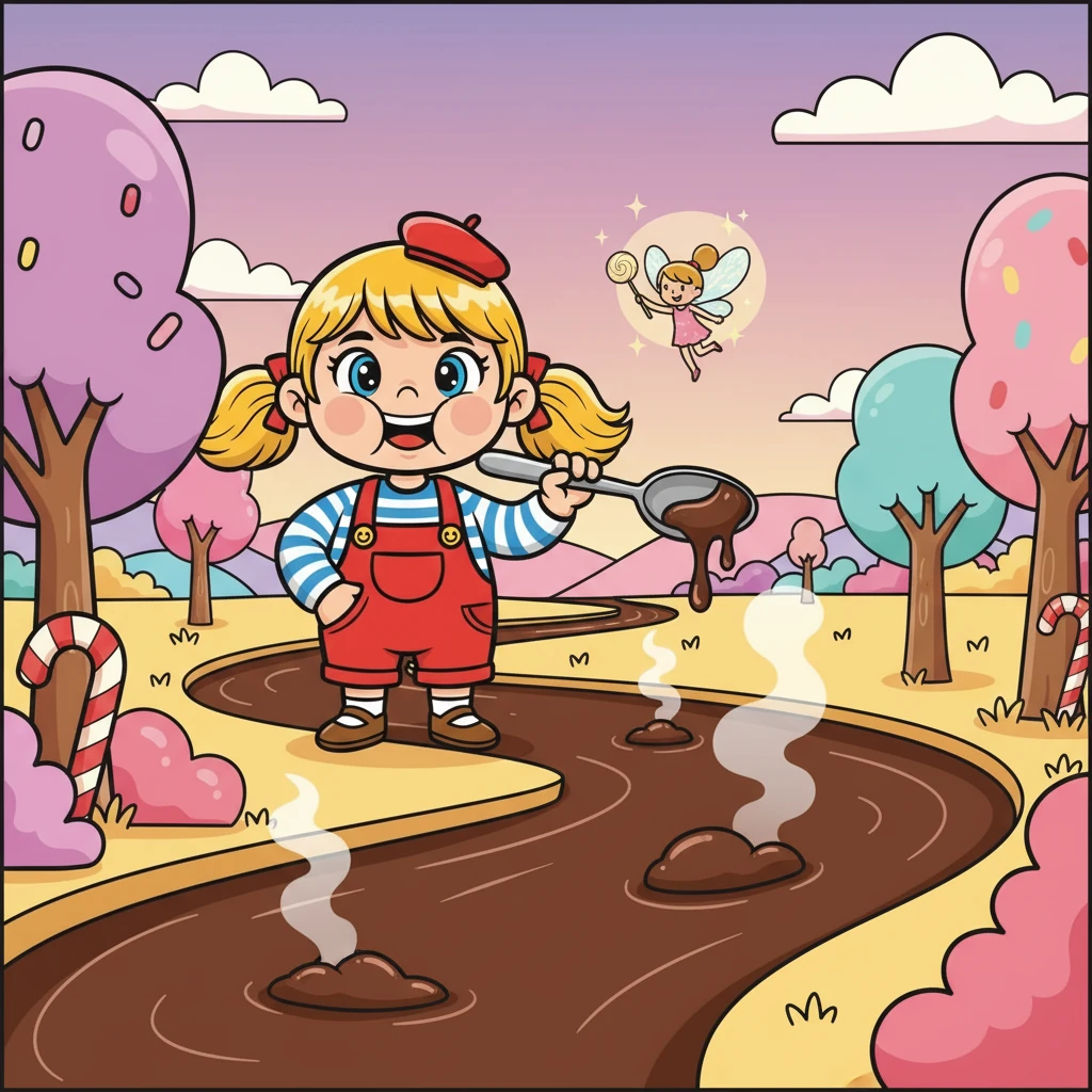 Ensuite, la fée transforma le lait en une rivière de chocolat chaud, parfumée à la vanille. Victoria, les yeux grands ouverts, plongea sa cuillère dans cette nouvelle aventure gustative. Elle goûta avec gourmandise.