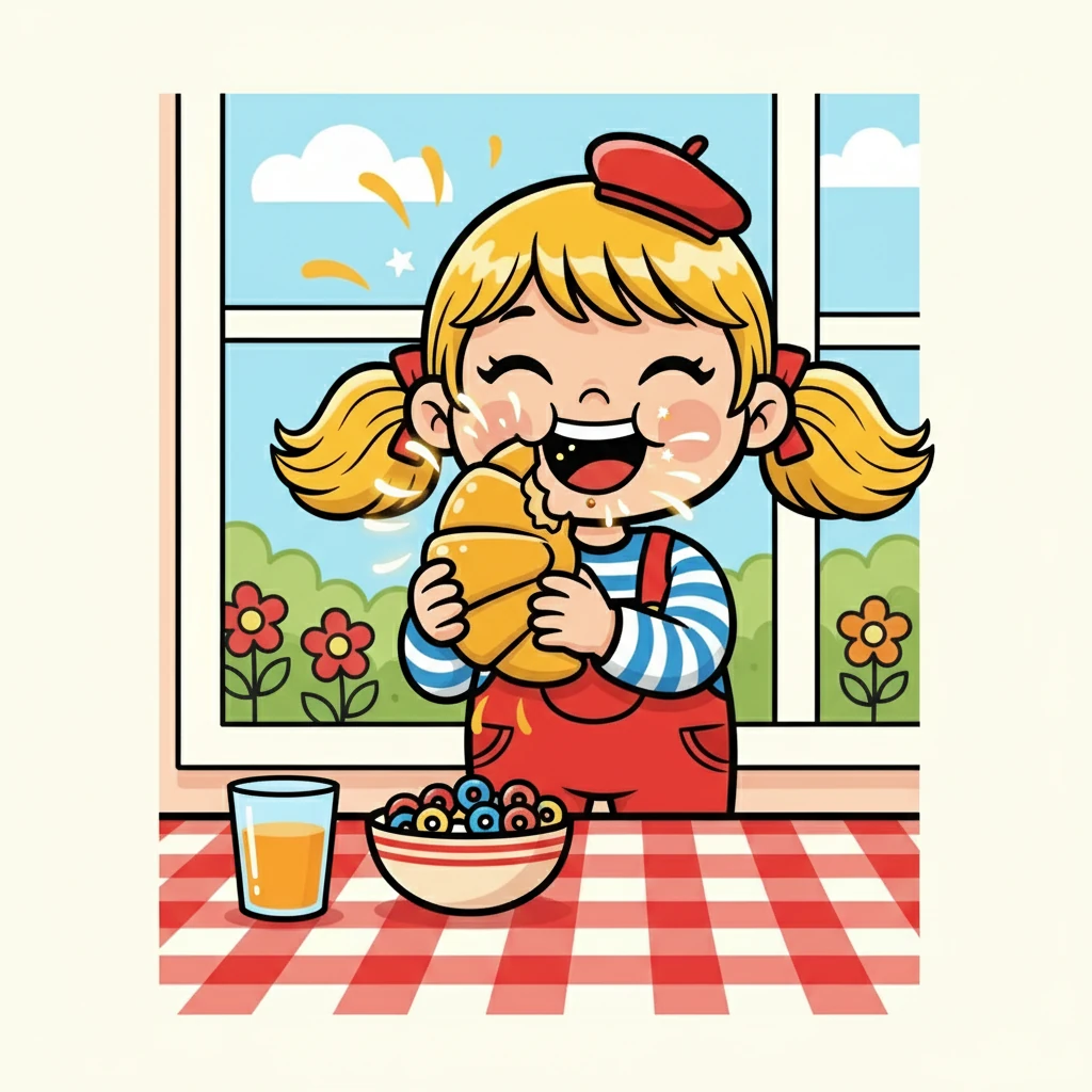 Elle croqua dans un croissant doré, qui avait le goût de soleil et de bonheur. Des éclats de rire jaillirent de sa bouche tandis qu'elle savourait chaque bouchée. Elle comprit que le petit-déjeuner pouvait être une véritable fête.