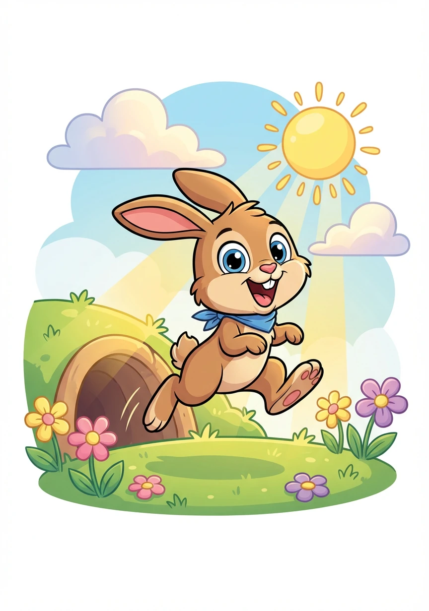 Runny the bunny, so happy and bright, woke up one morning to sunshine and light. He hopped from his burrow, ready to play, excited for fun on this beautiful day.