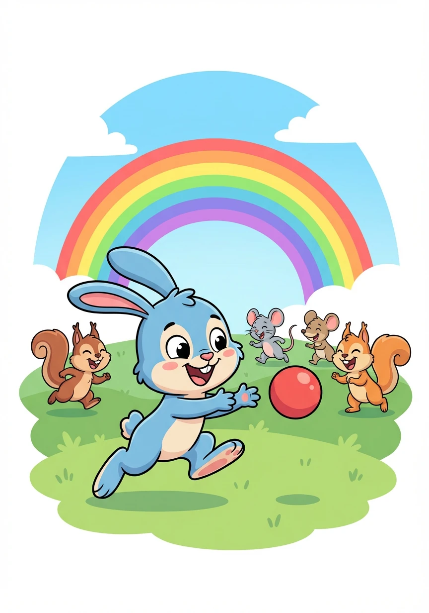 He saw all his friends, the squirrels and the mice, ready to play games, which was very nice. Above them all shone a rainbow so grand, a colorful arc over the green, grassy land.