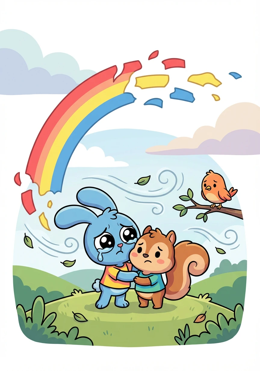 Suddenly, whoosh! A big wind came to play, and blew all the rainbow's bright colors away! Red, yellow, and blue, scattered and gone, leaving Runny and friends feeling sad and forlorn.