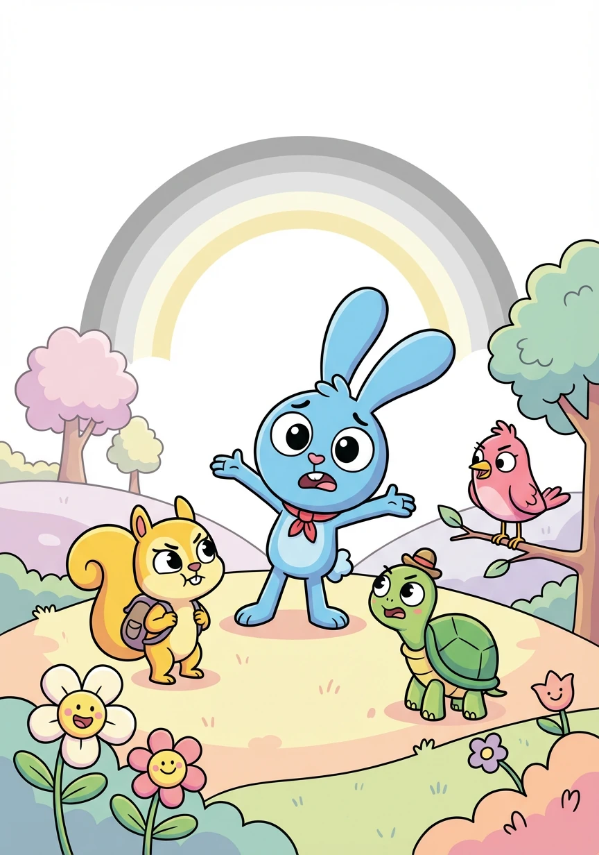 "Oh no!" cried Runny, "What shall we do? The rainbow's not happy, it's missing its hue!" He gathered his friends, a brave little crew, determined to find all the colors anew.