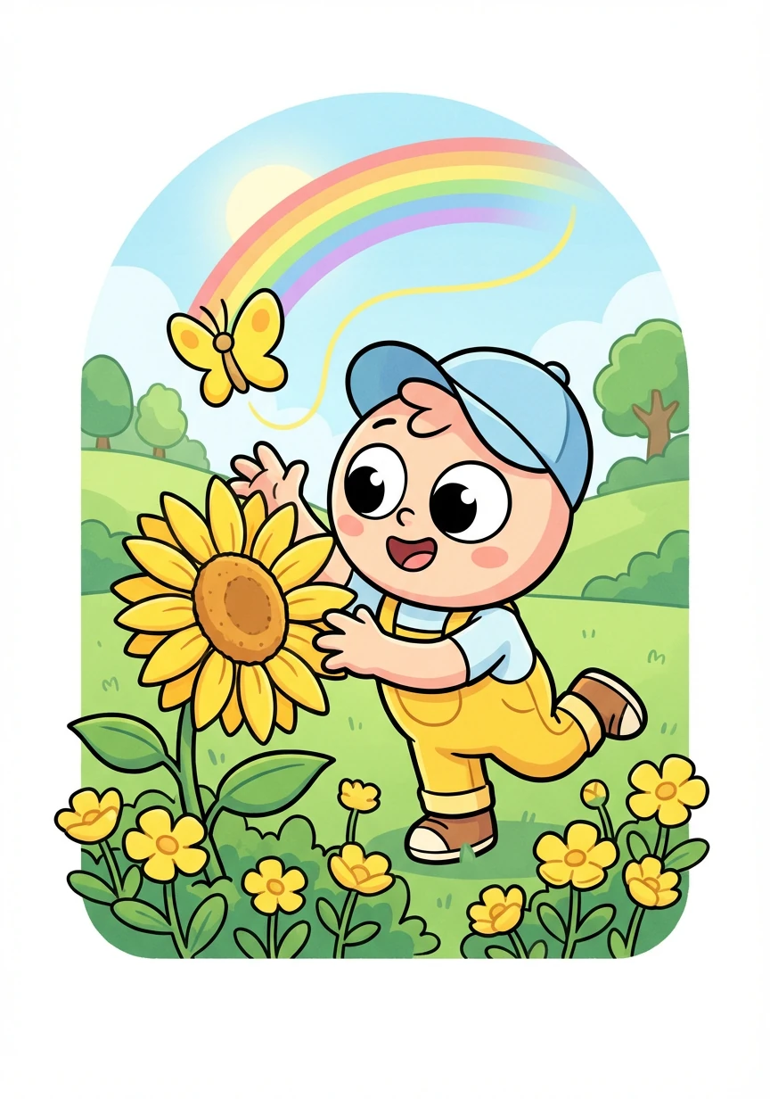 Next, they looked for the yellow so sunny, in sunflowers and buttercups, cheery and funny. A bright yellow butterfly fluttered near by, adding its color to the rainbow in the sky.