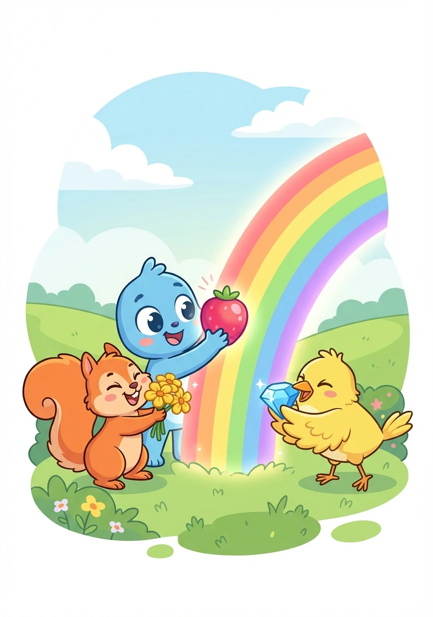 With red, yellow, and blue safely found, Runny and friends gathered 'round. They held up their treasures, a colorful sight, restoring the rainbow with all of their might.