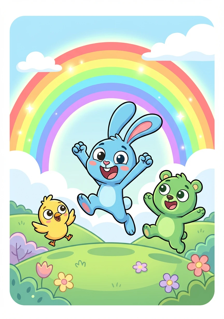 The rainbow reappeared, shining so bright, filled with colors, a beautiful light! Runny and friends cheered, their mission complete, their hearts full of joy, oh so sweet!