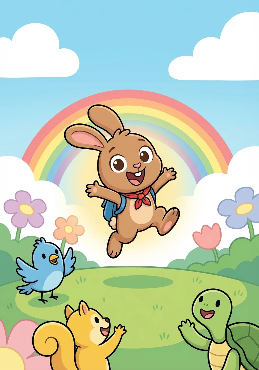 Runny the bunny, so happy and kind, learned that day, helping others you'll find, brings joy to yourself and makes the world gleam, a colorful adventure, a wonderful dream!