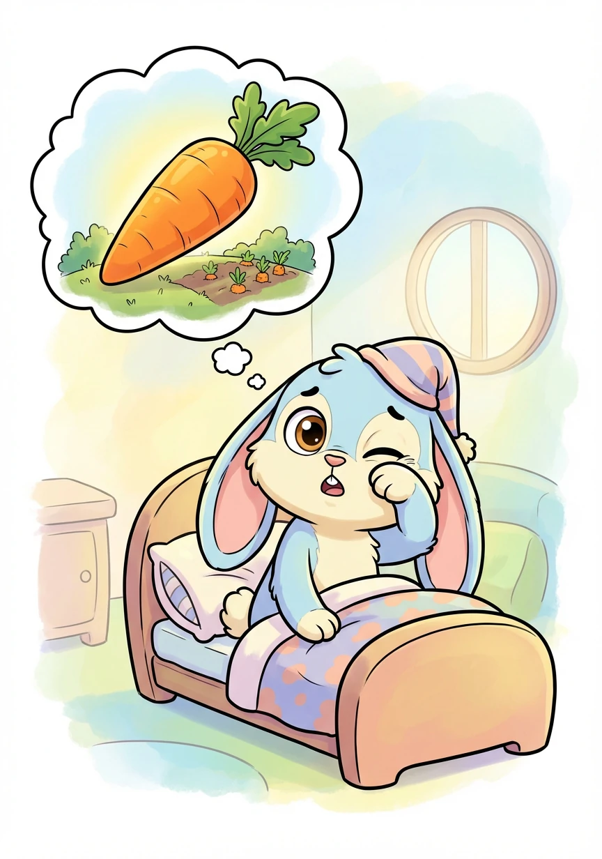 Runny the bunny, so fluffy and bright, woke up one morning with a carrot-sized plight. He dreamed of a carrot, so big and so grand, the best in the garden, all over the land.