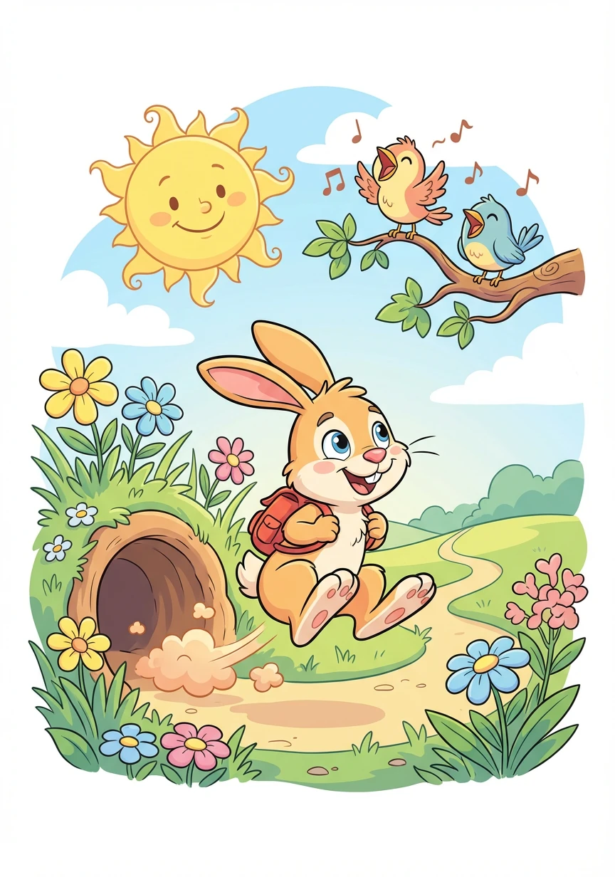 He hopped from his burrow, with a twitch of his nose, determined to find where the best carrot grows. The sun shone so warmly, the birds sang with glee, Runny's adventure had started, you see!