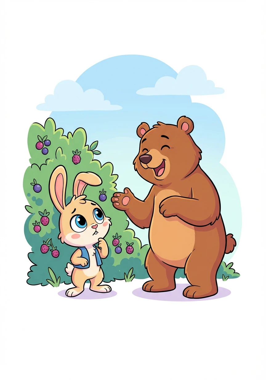 He met Barnaby Bear, by a berry bush tall, 'Have you seen a big carrot?' Runny gave a small call. Barnaby chuckled, 'I haven't, my friend, but maybe the Squirrels, their knowledge will lend.'