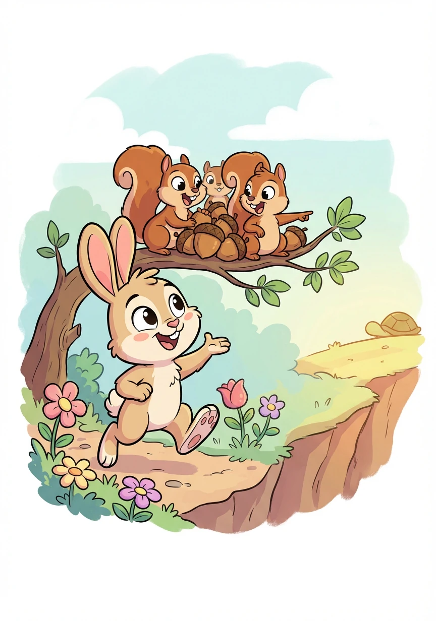 Runny skipped onward, past flowers so sweet, until he found Squirrels, with acorns to eat. 'A carrot?' they chattered, 'So orange and round? Old Man Tortoise might know, on the edge of the ground!'