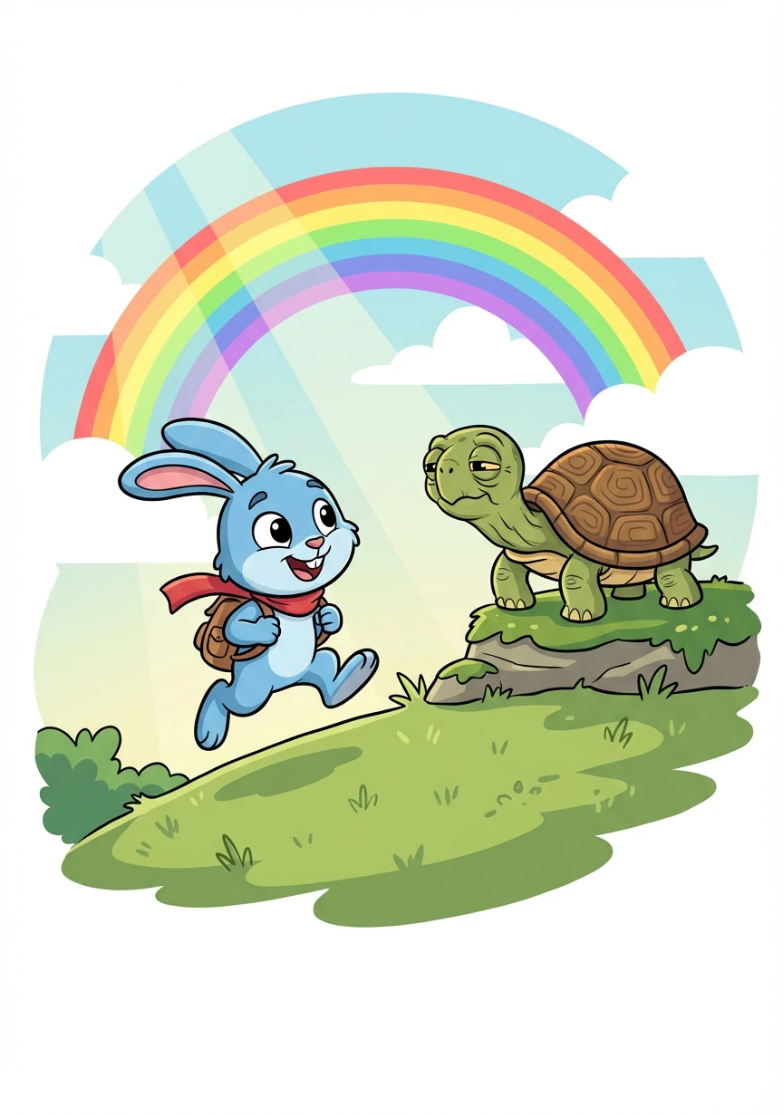 So Runny kept hopping, his heart full of hope, towards Old Man Tortoise, who lived on the slope. Tortoise blinked slowly, 'A carrot you seek? Follow the rainbow, its secret it'll speak.'