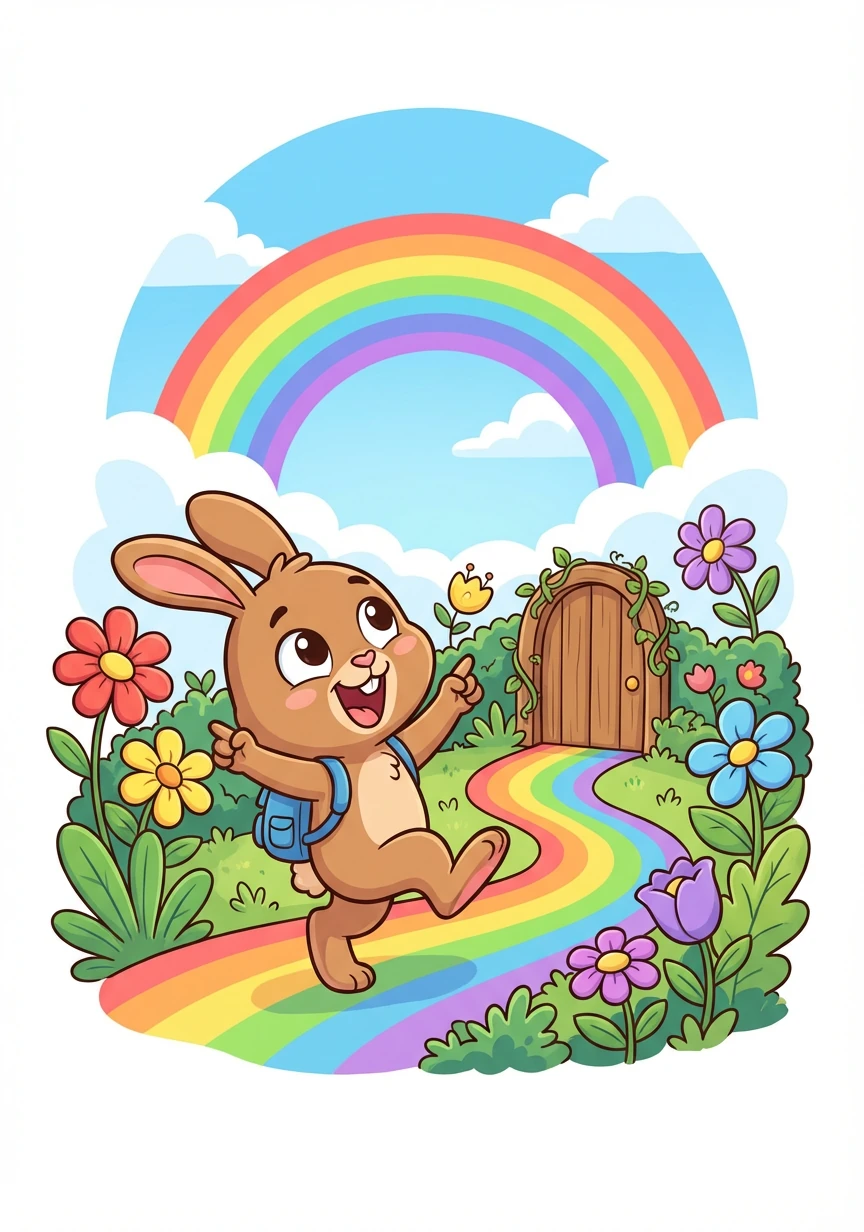 Runny looked up, at the sky so blue, a rainbow was shining, a magical hue! He followed its colors, so vibrant and bold, to a hidden small garden, a story untold.