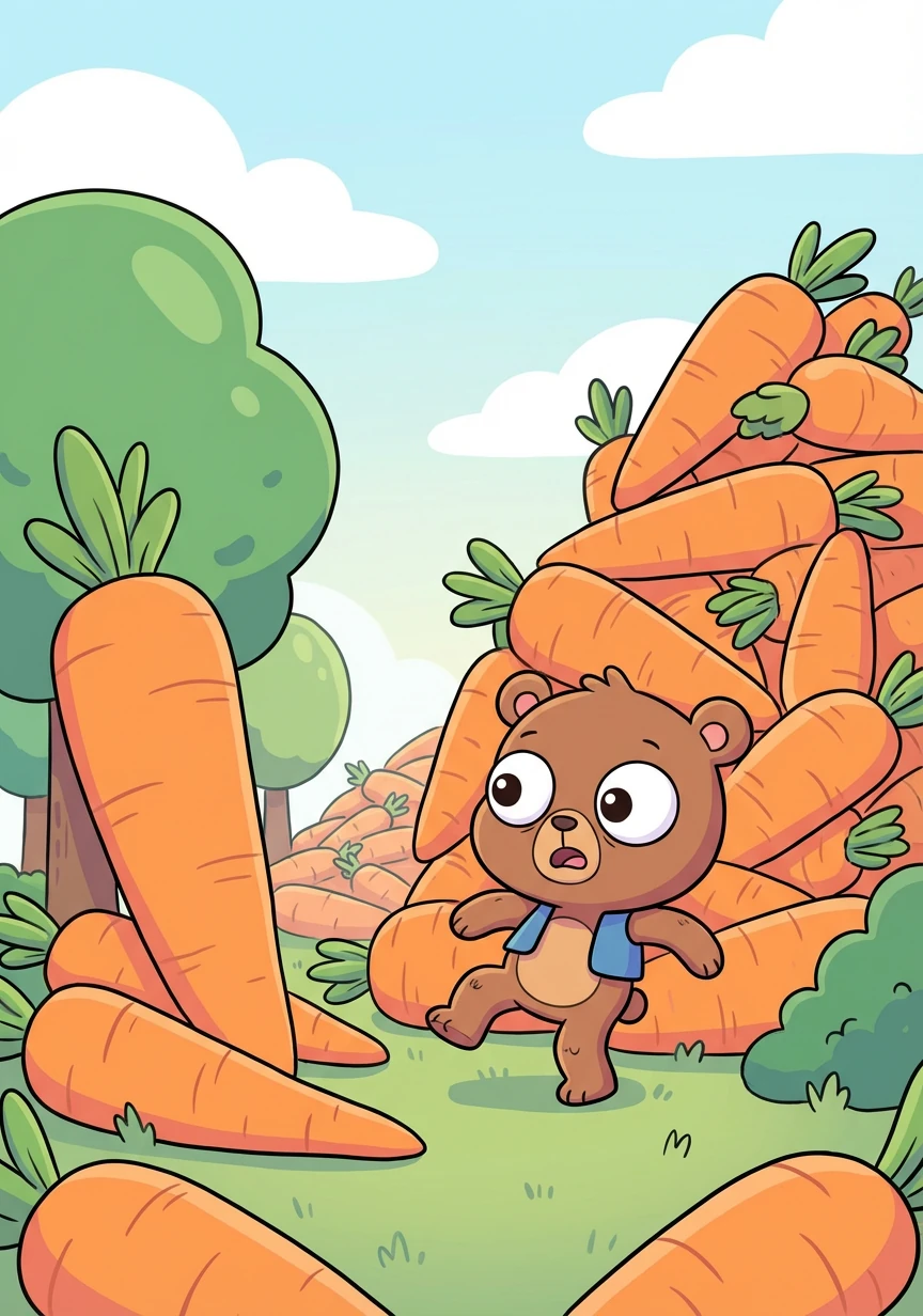 In the garden he found, not just one, but a pile, of carrots so giant, stretching a mile! Bigger than Barnaby Bear, taller than trees, Runny's eyes widened, weak at the knees.