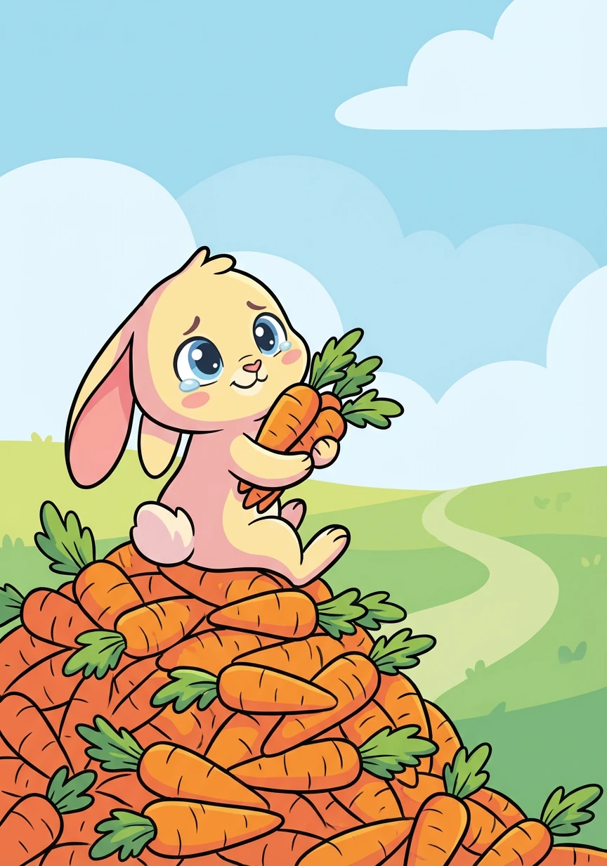 But Runny felt lonely, with carrots galore, 'What good is this feast, with no friends to adore?' He gathered a few, the best of the bunch, and hopped back to share, after having his lunch.