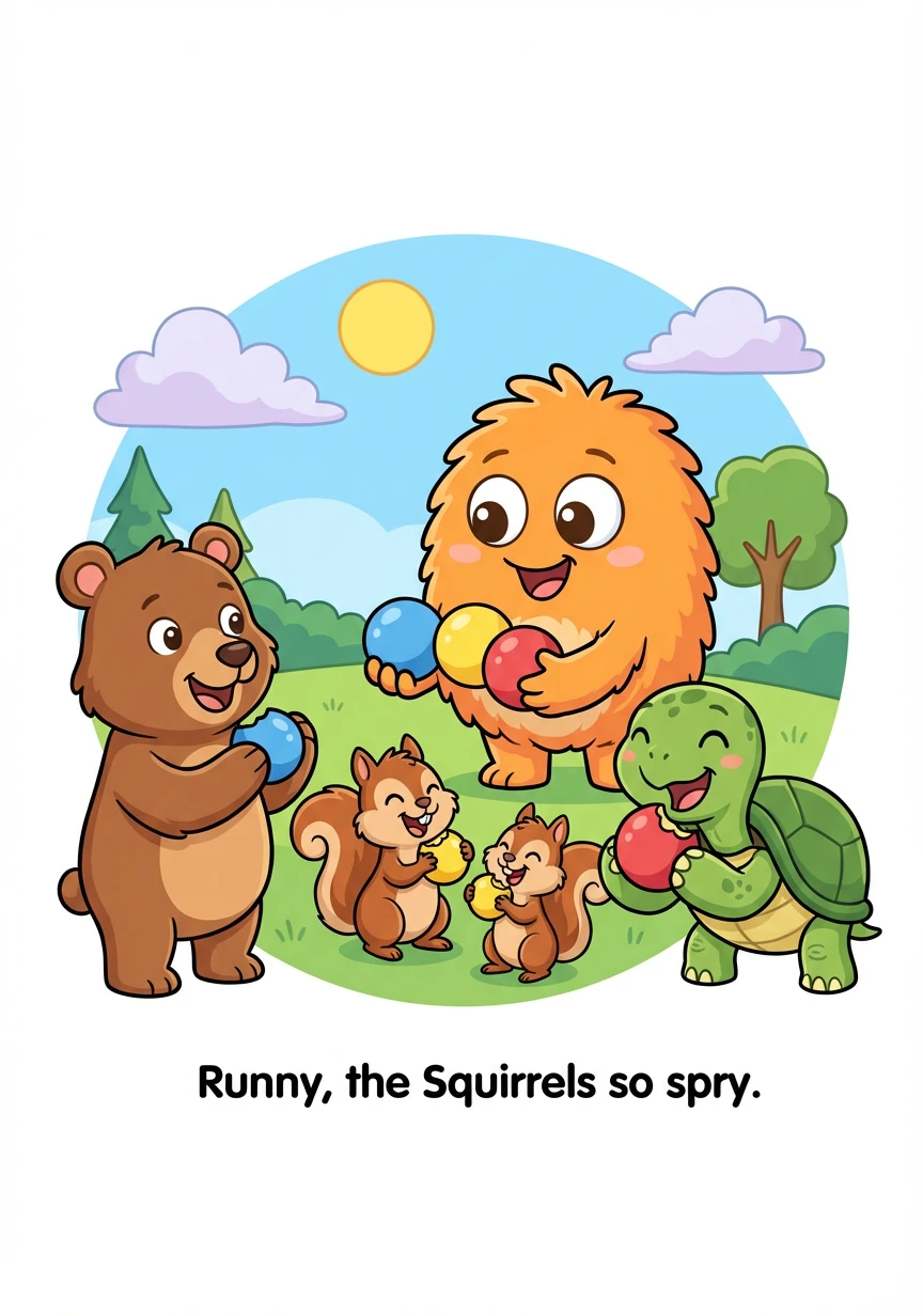 He gave one to Barnaby, one to the Squirrels so spry, and one to Old Tortoise, beneath the blue sky. They munched and they crunched, with smiles so wide, Runny's heart fluttered with joy and with pride.