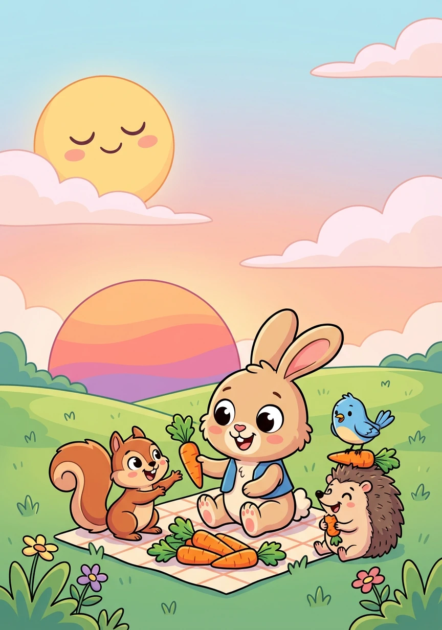 The friends all agreed, as the sun went to bed, sharing the carrots was best, it was said. Runny the bunny, so fluffy and kind, learned sharing with friends is the best carrot to find!