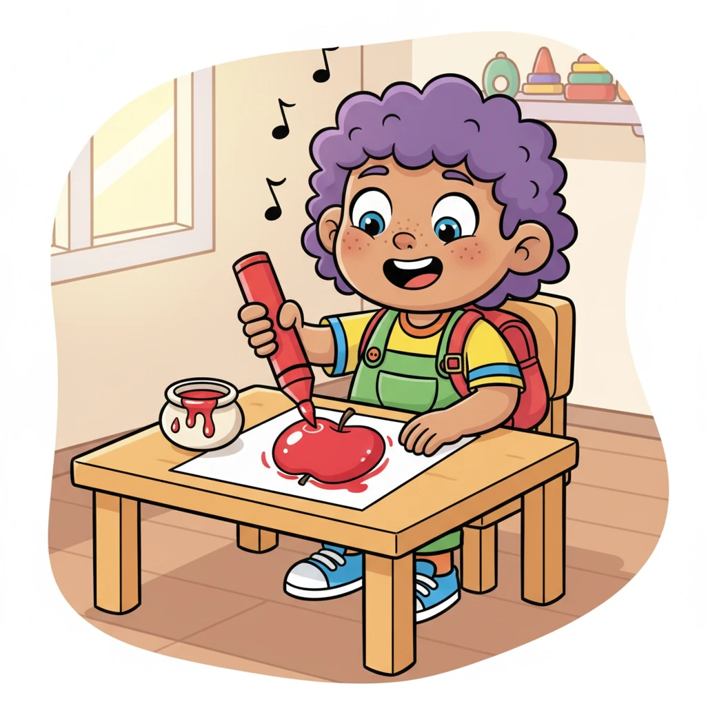 With a joyful giggle, Sprunki dipped the crayon into a pot of bright red color and began to draw. On the clean white page, a big, round, shiny red apple slowly appeared, looking so delicious one could almost take a bite. Sprunki hummed a happy tune while coloring.